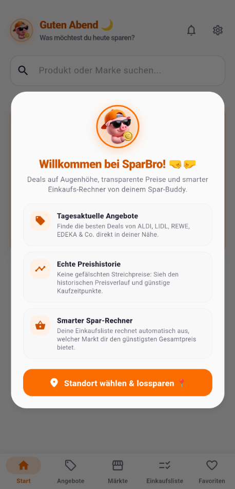 SparBro App Onboarding Willkommens-Screen auf einem modernen Smartphone